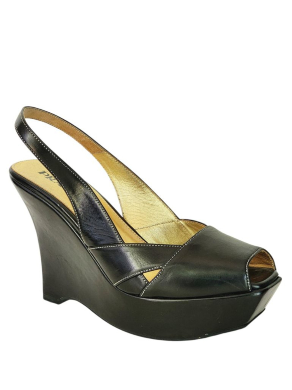 PRADA Black Square Peep Toe Platform Wedge Slingback‎ Sandals Size Size 36.5 6.5